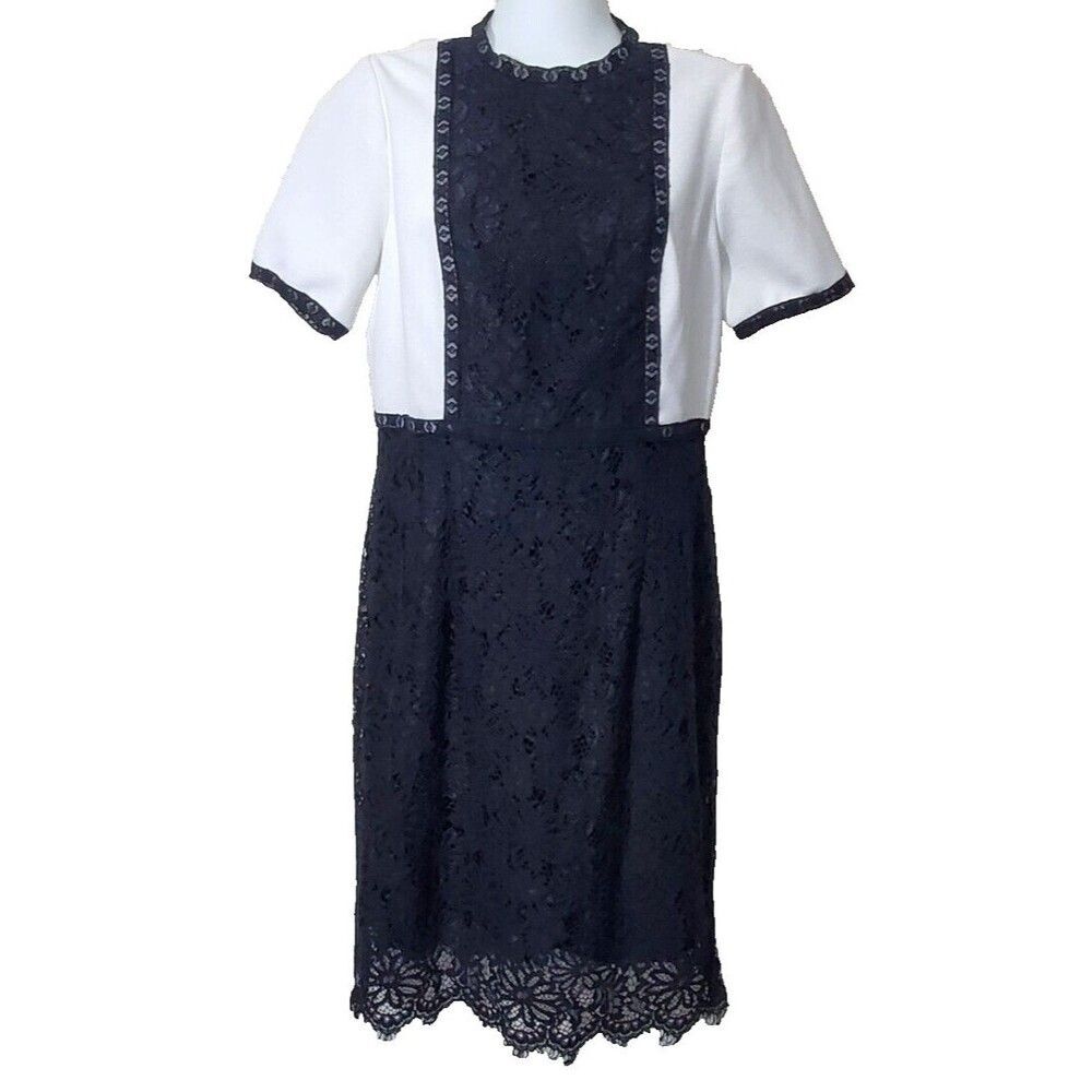 Nanette Lepore Dress Womens 8 Black White Color Block Lace Sheath Femme